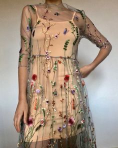 Embroidered Dress Floral Tulle Dress Vintage Boho Dress | Etsy Frida Kahlo Dress, Maxi Wedding Dress, Green Boho Dress, Boho Prom Dress, Cocktail Dress Patterns, Floral Tulle Dress, Flower Embroidered Dress, Embroidered Tulle Dress, Embroidered Mesh Dress