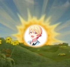 an anime scene with the sun in the sky and some flowers on the ground behind it