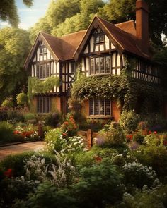 a painting of a house surrounded by flowers and trees