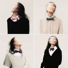 four different images of a woman with her hair pulled back and wearing a bow tie