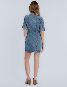 This utility shirtdress is cut from stretchy denim and meant to be worn whenever you're feeling extra-cute and carefree - AKA, everyday! Short Sleeve Chambray Dresses With Pockets, Chambray Short Sleeve Dress With Pockets, Indigo Denim Short Sleeve Dress With Pockets, Indigo Denim Dress With Pockets And Short Sleeves, Trendy Collared Dress In Denim Blue, Denim Blue Short Sleeve Shirt Dress, Trendy Fitted Shirt Dress With Pockets, Relaxed Fit Mini Length Denim Dress, Knee-length Dark Wash Denim Dress