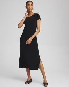 Travelers Classic Short Sleeve Maxi Dress - Chico's Petite Maxi Dress, Short Sleeve Maxi Dress, Fits With Shorts, Short Sleeve Maxi Dresses, Sleeve Maxi Dress, Long Black Dress, Dresses Pants, Linen Shop, Womens Designer Fashion