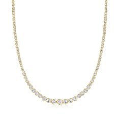 Ross-Simons - 5.50 ct. t. w. Diamond Tennis Necklace in 14kt Yellow Gold. 20". You'll turn heads with this elegant classic. 5.50 ct. t. w. round brilliant-cut diamonds sparkle along the neckline in 14kt yellow gold. Graduates from 1/16" to 3/16" wide. Figure 8 safety. Push-button clasp, diamond tennis necklace. Diamond birthstones are the perfect gift for April birthdays. Classic Diamond Cut Tennis Necklace For Formal Occasions, Classic Formal Tennis Necklace With Diamond Cut, Classic Formal Diamond Cut Tennis Necklace, Classic Tennis Necklace With Diamond Accents For Anniversary, Classic Single Strand Diamond Necklace, Classic Round Diamond Cut Tennis Necklace, Classic Cubic Zirconia Tennis Necklace For Formal Occasions, Classic Round Tennis Necklace With Diamond Cut, Classic Tennis Necklace With 17 Jewels For Anniversary