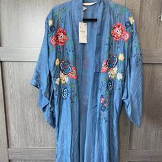 Vintage Nwt Zara Floral Embroidered Denim Kimono Full Length With Tags Beautiful Embroidered Beaded Details Embroidered Kimono For Spring Festival, Traditional Spring Kimono, Casual Summer Kimono With Floral Embroidery, Spring Festival Denim Blue Outerwear, Fitted Embroidered Summer Kimono, Fitted Summer Embroidered Kimono, Fitted Summer Kimono With Embroidery, Embroidered Casual Spring Kimono, Casual Embroidered Spring Kimono