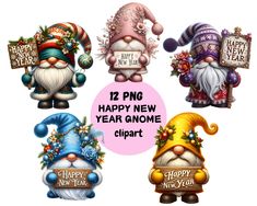 four cartoon gnomes with happy new year signs and decorations on their heads, all in different styles