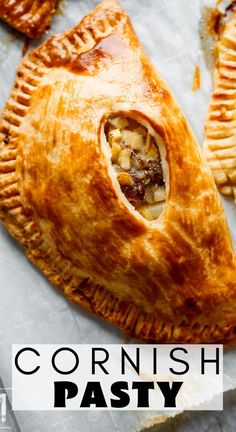 a close up of a pastry on a piece of paper with the words cornish pasty