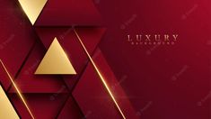 a red and gold abstract background with some golden triangles on it's sides, as well as the words luxury