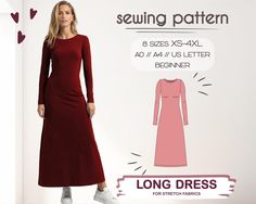 a woman in a long dress is standing next to a sign that says sewing pattern 6 sizes xs - 4xl