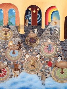 a painting of cats sitting on top of tables in front of arches and doorways