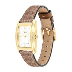 A distinctive and stately design, the minimalist ladies' Reese watch is an elevated choice for everyday wear. White satin dial with black numerical and stick markers 24.0mm rectangular gold-toned ion-plated stainless steel case with mineral crystal Japanese quartz movement Patterned brown leather strap; buckle clasp Water-resistant to 30 meters We are an authorized Coach dealer Classic Brown Watch Accessories With Rectangular Dial, Classic Brown Rectangular Watch, Classic Rectangular Office Watches, Classic Rectangular Office Watch, Classic Watches With Rectangular Dial For Work, Elegant Brown Watch With Rectangular Dial, Classic Rectangular Watches For Workwear, Classic Rectangular Watches For Work, Classic Rectangular Watches