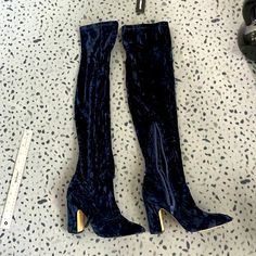 Brand New With Tags, Knee High Blue Velvet Boots/Brand Express Size 8 1/2. Shaft Is 22 1/2 Inches From The Heel 3.5” Heel Blue Heeled Boots For Fall, Blue Boots For Fall Night Out, Blue Round Toe Knee-high Boots For Winter, Velvet Knee High Boots, Blue High Heel Knee-high Boots For Fall, Blue Knee-high Heeled Boots, Blue Velvet Boots, Velvet Boots, Shoes Blue