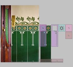 the door is open and there are several different designs on it, including doors with handles