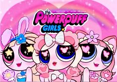 the powerpuff girls wallpaper with four cartoon characters in front of a pink background