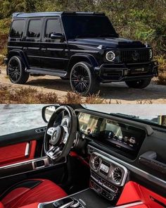 the interior and dashboard of a black mercedes g - class with red leather trims