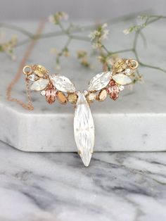 Bridal Rose Gold Necklace, Bridal Necklace, Bridal Rose Gold Necklace,White Opal Rose Gold Bridal Ne Gold Necklace Bridal, Champagne Necklace, Palm Necklace, Gold Bridal Necklace, Bridal Roses, Swarovski Crystal Jewelry, Rose Gold Bridal, Necklace Bridal, Blush Rose