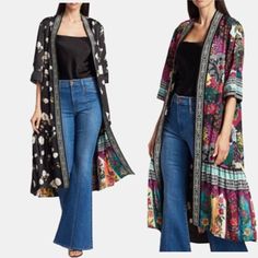 Alice + Olivia Long Boho Duster Kimono Jacket Women's Size Xs/S Tp Nwt Gorgeous Kimono Boho Duster, Boho Long Sleeve Top, Duster Kimono, Cutout Blouse, Paisley Print Blouse, Metallic Blouses, Printed Silk Blouses, Ruffle Sleeve Blouse, Leopard Print Blouse