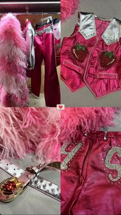 two pictures of pink clothes, one with sequins and the other with feathers