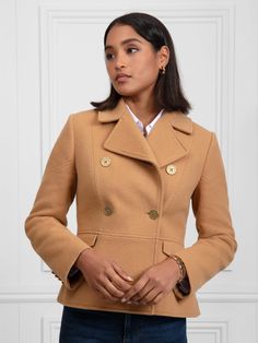 Beautifully tailored, the Victoria Jacket draws inspiration from the coat of the same name, taking your outerwear wardrobe to new heights. Double breasted, for classic elegance, with princess seaming and a fitted waist for a superbly flattering silhouette. Individually handmade in Portugal from exceptional quality Italian wool and fully lined with piping, it’s finished with antique brass buttons, chevron detail on the back, sleeves and pocket flaps, and a neckline that you can wear open or butto Work Travel Bag, Jacket Drawing, Fairfax And Favor, Laptop Travel Bag, Brass Buttons, Deck Shoes, Chelsea Ankle Boots, Shoes Heels Wedges, Women's Jacket