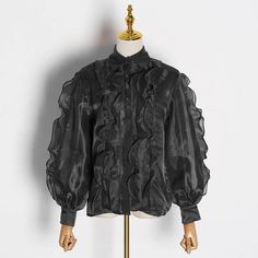 44482515534046|44482515566814|44482515599582 Ruffled Long Sleeve Blouse For Office, Elegant Ruffled Shirt For Party, Elegant Black Blouse With Ruffles, Black Ruffled Collar Top, Formal Lantern Sleeve Tops For Fall, Elegant Black Top With Ruffled Collar, Chic Black Lantern Sleeve Blouse, Black Fitted Blouse With Ruffled Collar, Black Padded Blouse With Lantern Sleeves