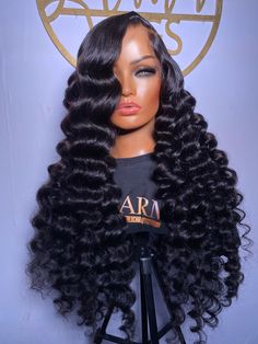 Femme /fam/ [noun] Women This is a 30” 6x6 HD closure deep wave wig made with 4 full bundles styled with wand curls. This glueless wig is made using an adjustable cap with straps in a natural black color. All wigs are human hair wigs made with 100% Virgin hair. Wig comes glueless, bleached, plucked, styled, and ready to wear. Turnaround time: 7-21 business days Shipping time: 1-3 business days " Wand Curled Hair, Wand Curls On Wig, Big Curls Wig, Bratz Hairstyles, Sewin Hairstyles, Candied Grapes, Queen Sugar, Body Wave Hair Extensions, Layered Curls