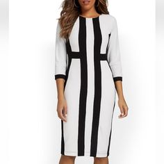 In Black And White With A Vertical Colorblock Design, This Sheath Dress Is The Epitome Of Modern Elegance. Team It With Heels And You're Ready For The Office. Elegant Color Block Evening Dress, Elegant Evening Color Block Dress, Fitted Color Block Evening Dress, Fitted Color Block Work Dresses, Color Block Fitted Dress For Work, Fitted Color Block Dress For Evening, Fitted Color Block Dress For Work, Elegant Color Block Midi Dress, Black Color Block Dresses For Work