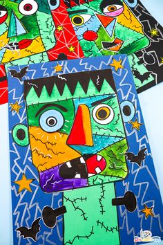 three colorful paper cut outs with faces on them