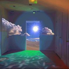 an open door leading to the sky with clouds and sun shining through it in a room