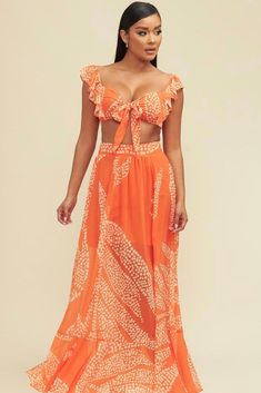 This spotted palm two-piece set is a definite winner! The long soft flowing skirt is partially lined, and the top has ruffles for a beautiful feminine touch. A definite must for a beach party, pool party, or vacation getaway. A vacation staple. 100% Polyester 100% Polyester Lining. Summer Maxi Dress With Ruffles For Summer Parties, Summer Beach Party Maxi Dress With Ruffles, Summer Beach Maxi Dress With Ruffled Skirt, Chic Maxi Dress With Ruffles For Beach Party, Chic Ruffled Maxi Dress For Beach Party, Spring Beach Party Maxi Dress With Ruffles, Spring Vacation Two-piece Maxi Dress, Breezy Ruffled Maxi Dress For Vacation, Spring Two-piece Maxi Dress For Vacation