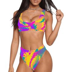 80s Magic Sport Top & High-Waisted Bikini Swimsuit – BigTexFunkadelic Fitted Multicolor Swimwear For Music Festival, Rave Style Multicolor Swimwear For Vacation, Multicolor Rave Swimwear For Vacation, Rave Multicolor Swimwear For Vacation, Multicolor Swimwear For Beach And Pride, Bold Multicolor Swimwear For Beach Season, Rave Swimwear For Summer, Trendy Swimwear For Summer Music Festival, Trendy Summer Swimwear For Music Festival