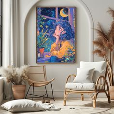 a painting hangs on the wall next to two chairs in a room with white walls