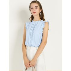 The ruffled sleeveless design would show demure, feminine grace, and also lend shape and texture. Crafted from a lightweight material, it is shaped with an elegant crew neckline, and pleat detailing, and comes in a relaxed cut for easy, breezy wear. This vintage blouse is designed with ruffled trim and solid color, especially for a professional look at work. Sleeveless Ruffle Blouse, Elegant Blue Spring Tank Top, Elegant Blue Tank Top For Spring, Light Blue Fitted Sleeveless Blouse, Fitted Sleeveless Light Blue Blouse, Ruffled Tank Top For Workwear, Blue Ruffled Straps Tank Top, Ruffled Sleeveless Blouse Tank Top For Work, Ruffled Sleeveless Blouse For Work