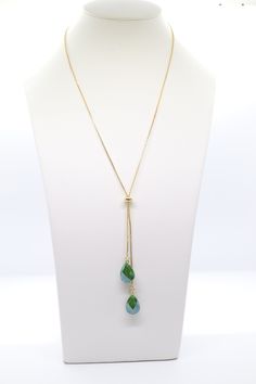 Teardrop Party Necklace With Chain, Elegant Green Briolette Jewelry, Elegant Long Drop Necklace With Chain, Formal Green Lariat Jewelry, Green Lariat Jewelry For Formal Occasions, Teardrop Chain Necklace For Gifts, Party Drop Necklace With Adjustable Chain, Elegant Adjustable Green Lariat Necklace, Green Formal Jewelry Chain