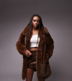 Oversized Faux Fur Coat, Brown Faux Fur Coat, Long Coats, Notch Collar, Faux Fur Coat, Crochet Fashion, Comfortable Outfits, Long Coat, Oversized Fits