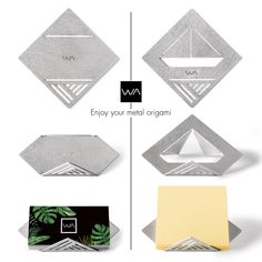 four different shapes and sizes of envelopes with the words, enjoy your metal origami