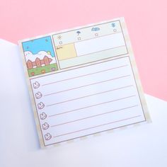 a piece of paper that is on top of a pink and white surface with an image of a farm