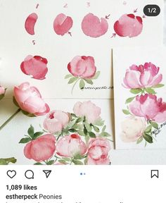 some watercolors are being used to paint flowers on paper and then put together