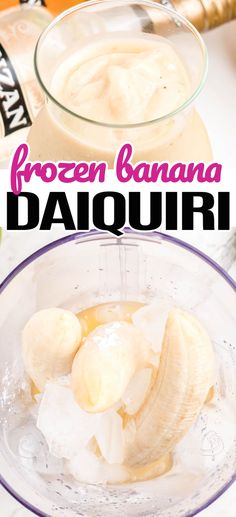 frozen banana daiquita in a blender with text overlay