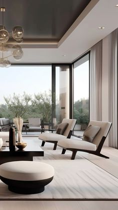 an elegant living room with modern furniture and large windows