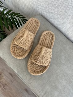 a pair of slippers sitting on top of a gray couch next to a potted plant