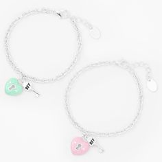 Your bestie is like the other half of your heart, so here's a beautiful way to show her how much she means to you. This set includes one bracelet for you and one for her, each with with a heart-shaped lock charm, plus a little "BFF" key charm. Pack Size: 2 Length: 6" + extender Closure: Lobster clasp Material: Metal - Claire's Best Friends Heart Lock Charm Bracelets - 2 Pack Valentine's Day Nickel-free Charm Bracelet For Friendship, Nickel-free Charm Bracelet For Valentine's Day Friendship, Nickel-free Charm Bracelet For Friendship On Valentine's Day, Double Heart Charm Bracelet For Valentine's Day, Valentine's Day Double Heart Charm Bracelet For Friendship, Nickel Free Heart Charm Bracelet For Friendship, Valentine's Day Best Friend Gift Heart Charm Bracelet, Nickel-free Heart Charm Bracelet For Friendship, Heart Shaped Nickel Free Friendship Charm Bracelet