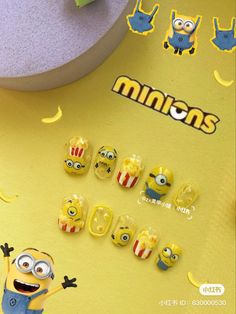 Minions Nails, Minion Nail Art, Nail Korea, Minion Nails, Minion Art, Set Nails, Cartoon Nails, Nail Courses, Purple Acrylic Nails