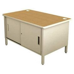 an office desk with two doors on one side and a drawer on the other end