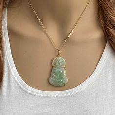 Description: 14k Solid Gold Tara Bodhisattva Lady Buddha Jade Pendant (Chain Is Not Included) Item No.: P10.97 Metal Type: 14k Solid Gold Metal Color: Yellow Gold. Stones: Natural Jade Measurement: Pendant: 55 X 30 Mm. Jade: 45 X 30 X 3.5 Mm. Est. Total Weight: 10.97 Grams Price Is Firm Note: Chain Is Not Included. Available For Sale In Another Listing. 22k Gold Necklace Pendant, Gold Buddha Necklace, Lady Buddha, Jade Buddha Necklace, Angel Guides, Jade Necklace Pendant, Jade Pendant Necklace, Buddha Jewelry, Buddha Necklace