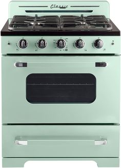 a green stove top oven with two burners and one door on the front side