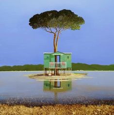 a painting of a green house with a tree on the top and water below it