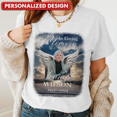 In Loving Memory Custom Upload Photo Angel Wings Personalized Memorial T-shirt Memorial Shirt Ideas, In Loving Memory Shirts, Memory Crafts, Memory Shirts, Luggage Covers, Shirts Ideas, Tshirt Crafts, Leather Passport Cover, Loving Memory