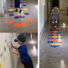 two pictures one shows a boy and the other shows a hallway with colorful circles on it