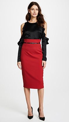 Black Halo High Waisted Pencil Skirt | SHOPBOP Chic Stretch Skirt For Office, Chic Elastane Skirt For Date Night, Chic Stretch Formal Pencil Skirt, Chic Stretch Pencil Skirt For Formal Occasions, Chic Elastane Mini Skirt, Sleek Fitted Evening Pencil Skirt, Chic Office Skirt With Belt Detail, High Waist Fitted Belted Skirt, Party Fitted Elastane Pencil Skirt