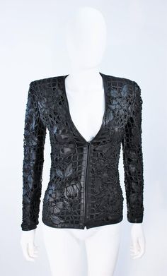 VALENTINO Leather Jacket with Floral Design and Beaded Applique Size 38 2 | From a collection of rare vintage jackets at https://www.1stdibs.com/fashion/clothing/jackets/ Embellished Fitted Leather Jacket With Long Sleeves, Fitted Embellished Leather Jacket With Long Sleeves, Designer Leather Jacket For Party, Fitted Long Sleeve Embellished Leather Jacket, Designer Long Sleeve Leather Jacket For Parties, Designer Fitted Leather Jacket For Evening, Fitted Black Embellished Leather Jacket, Bead Applique, Valentino Jacket