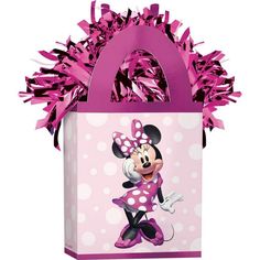 a minnie mouse gift bag with pink and white polka dots on the front, purple trim